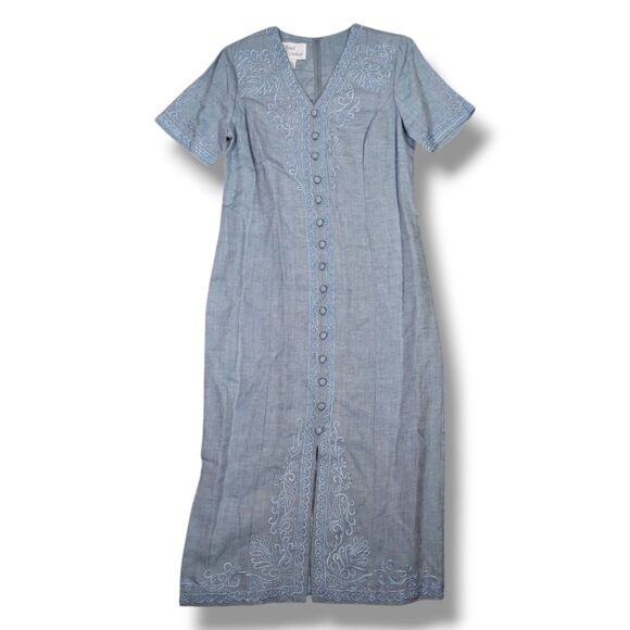 Vintage Sarah Elizabeth Linen Blend Sheath Maxi Dress Size 12 Button Embroidery - Picture 2 of 16